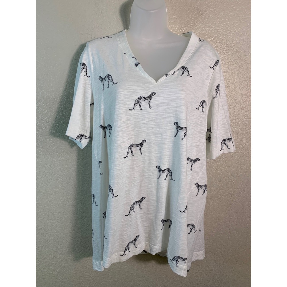 Chicos 2 US L V Neck T-Shirt White Cheetah Print Cotton Modal Slub Knit Top